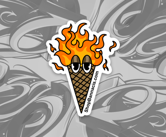 sticker of an ice cream cone with flames on the top